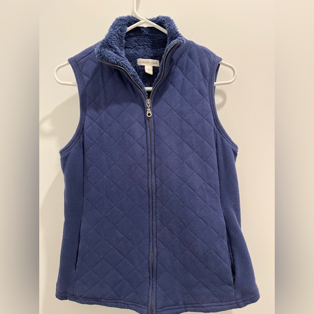 Coldwater Creek Vest fake fur lining and pockets size small navy blue